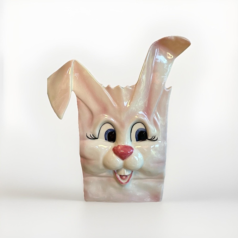 Vintage MCM Ceramic Paper Bag Easter Bunny Rabbit Decoration Figurine Basket